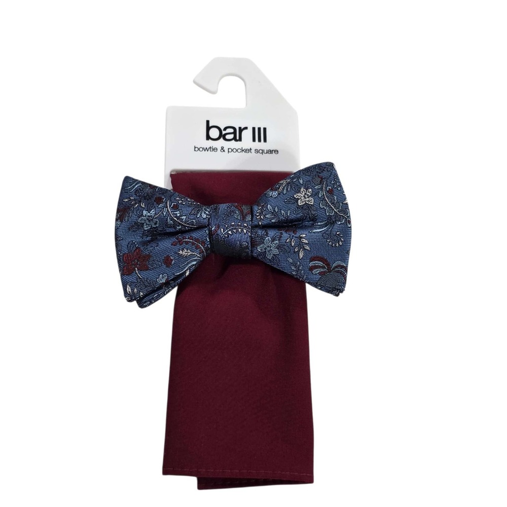 New Bar III Blue Floral Bowtie & Pocket‎ Square Set Men's Formal Preppy Studious